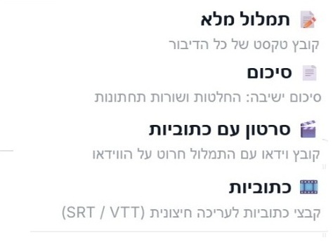 מסך ייצוא תמלול להודעה קולית שהומרה לטקסט בעברית